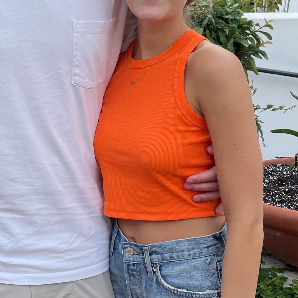 High-neck Racerback Ribbed Cropped Tank Top in Orange, S